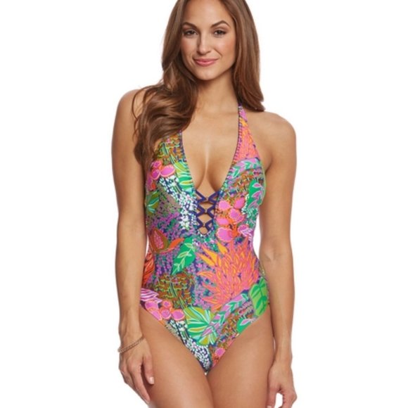 Trina Turk Tropic Escape V Plunge One Piece Swim - Picture 2 of 9